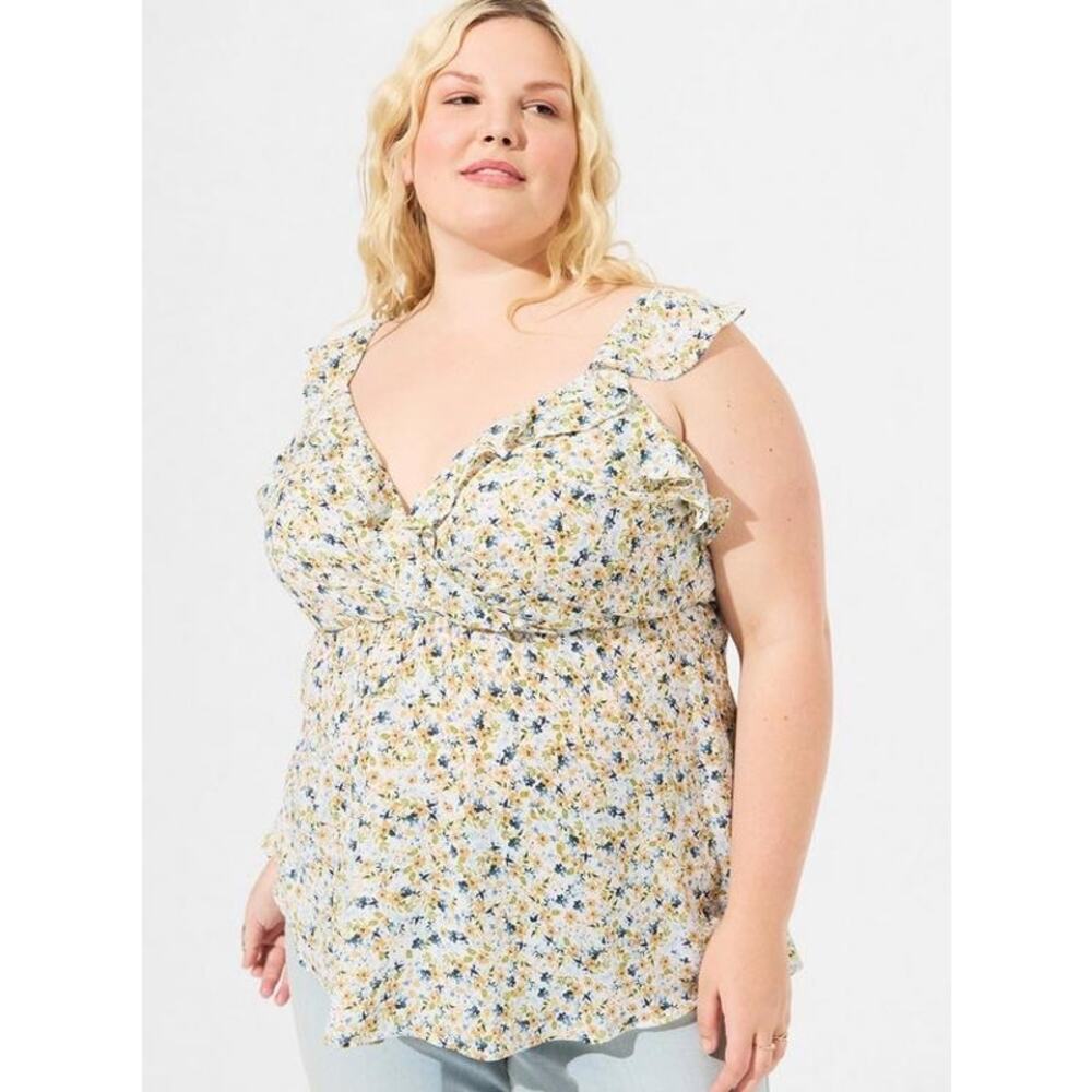 Torrid Women's Peplum Georgette Ruffle Surplice Tank Top Blue Tan Green 0 12